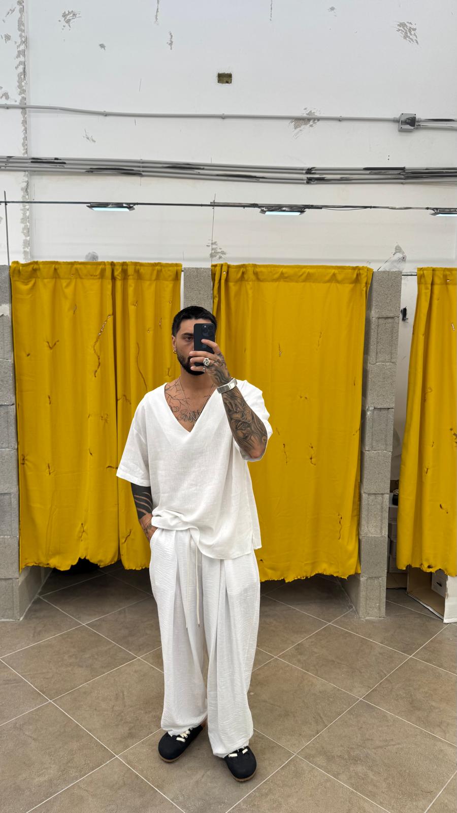 PANTALONE IN LINO BIANCO DOPPIA PENCE