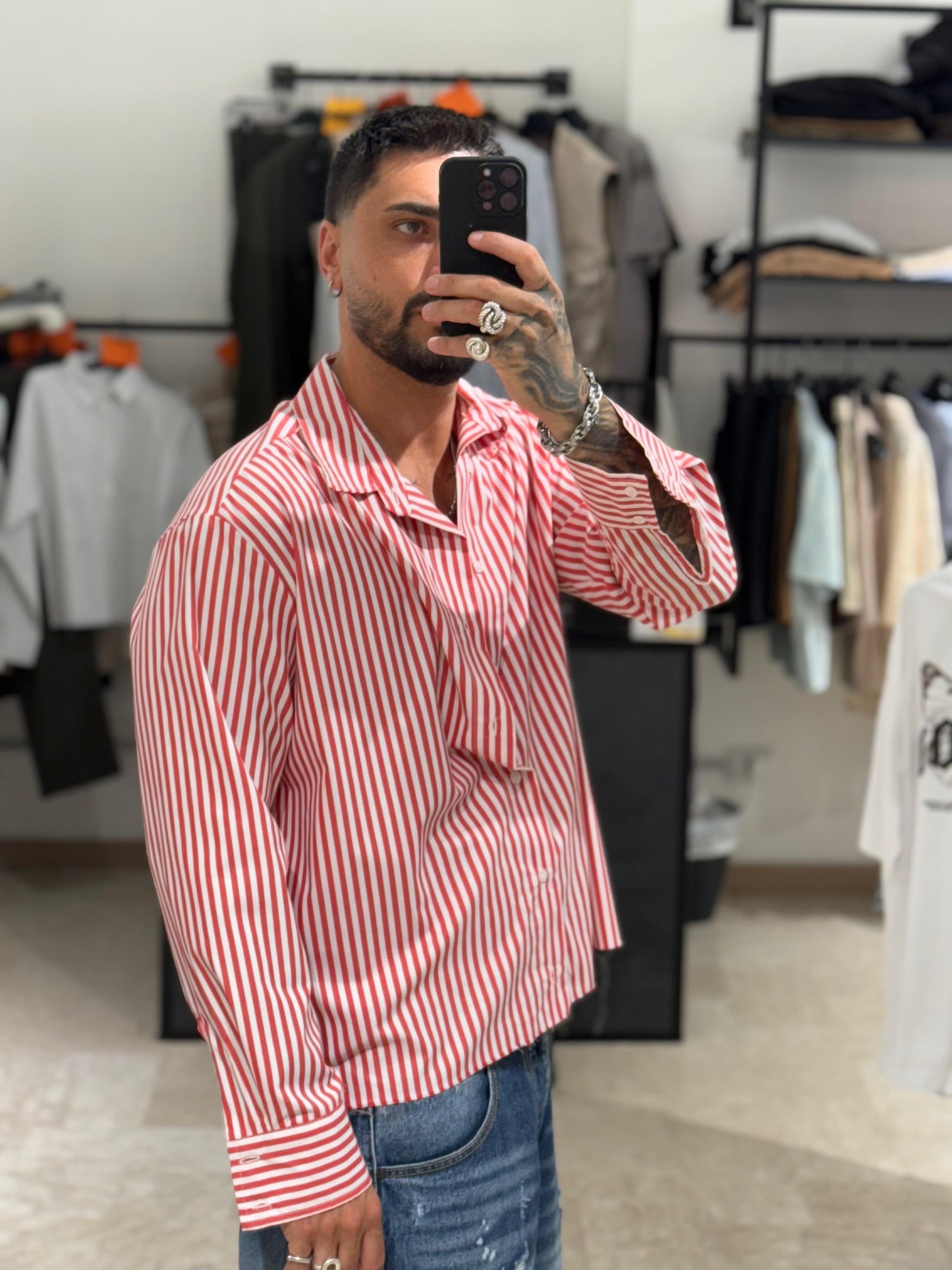 CAMICIA CROP RIGHE ROSSE