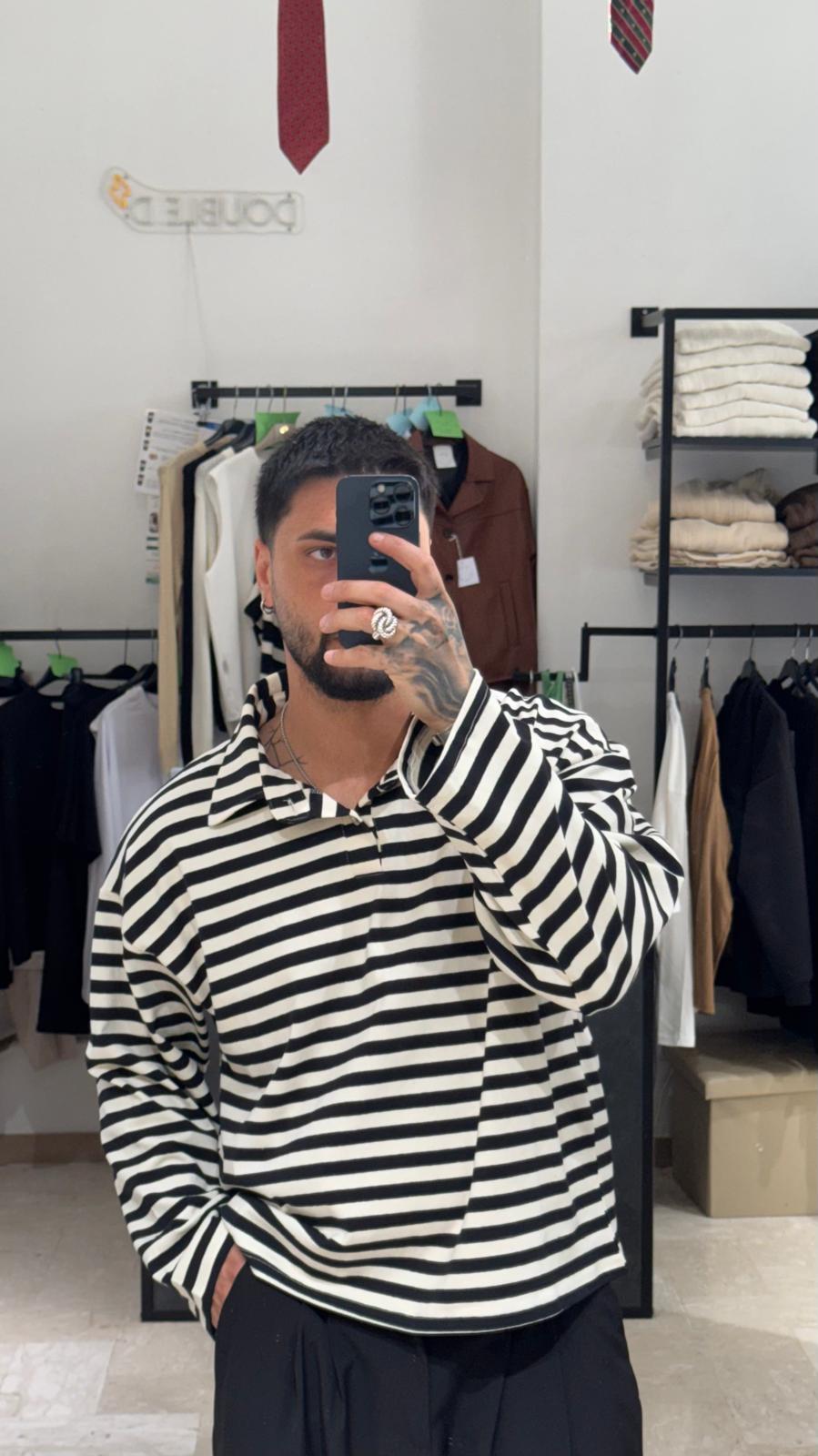 POLO LONG SLEEVE CROP RIGHE NERE