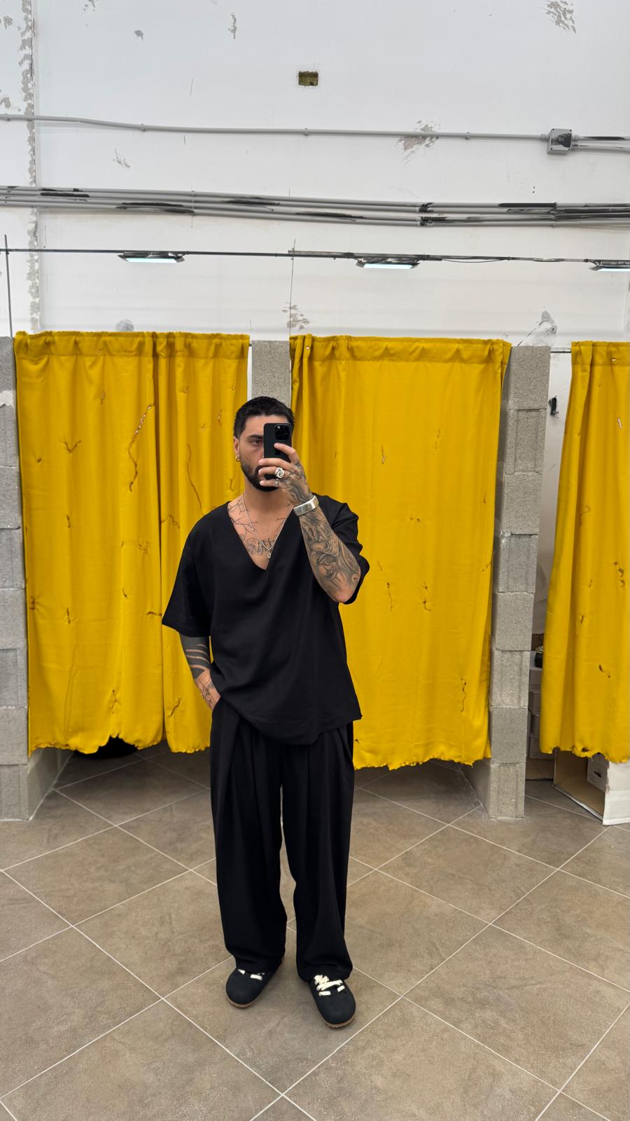 PANTALONE NERO IN LINO DOPPIA PENCE