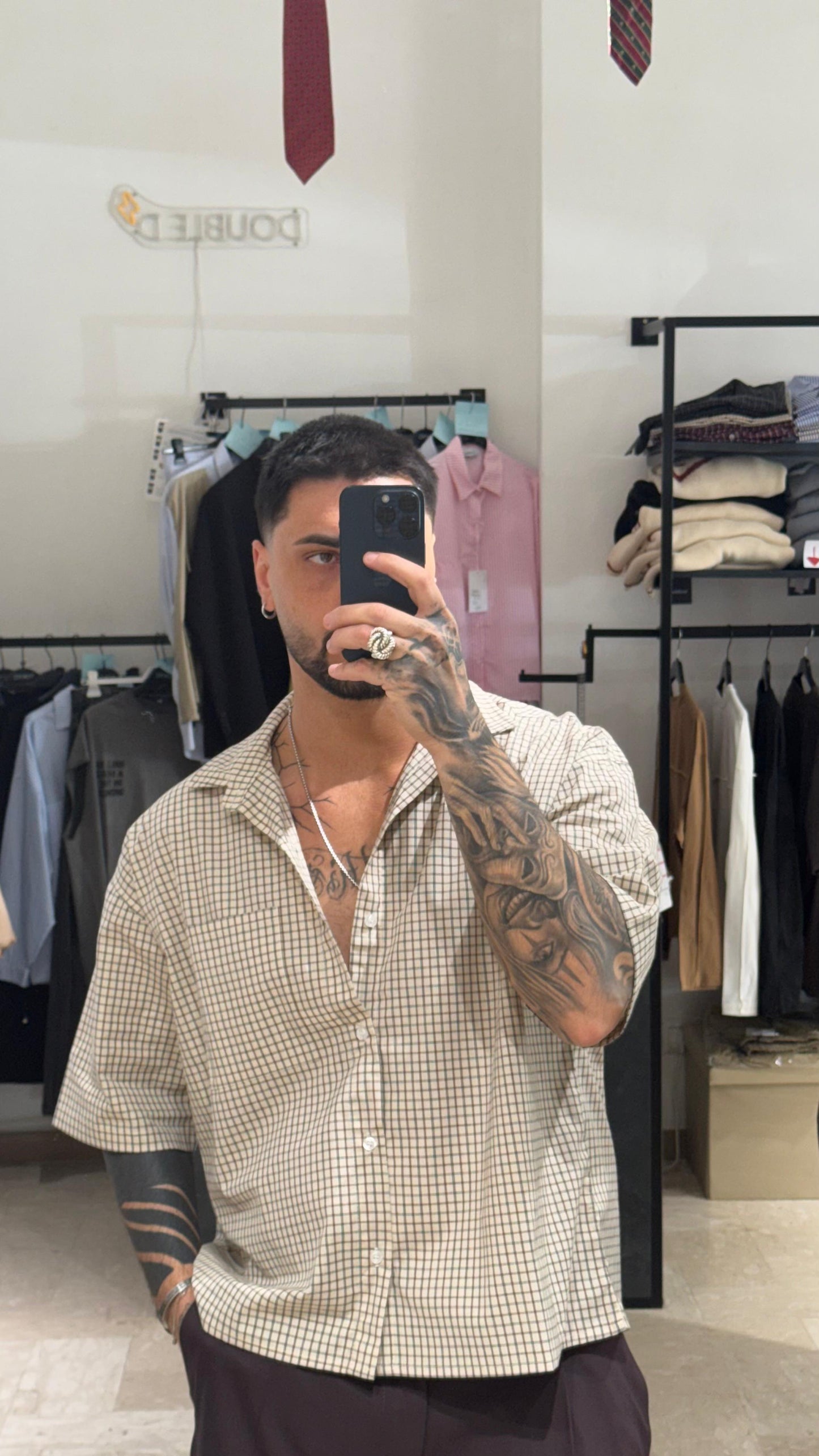 CAMICIA BEIGE A QUADRI BOXY