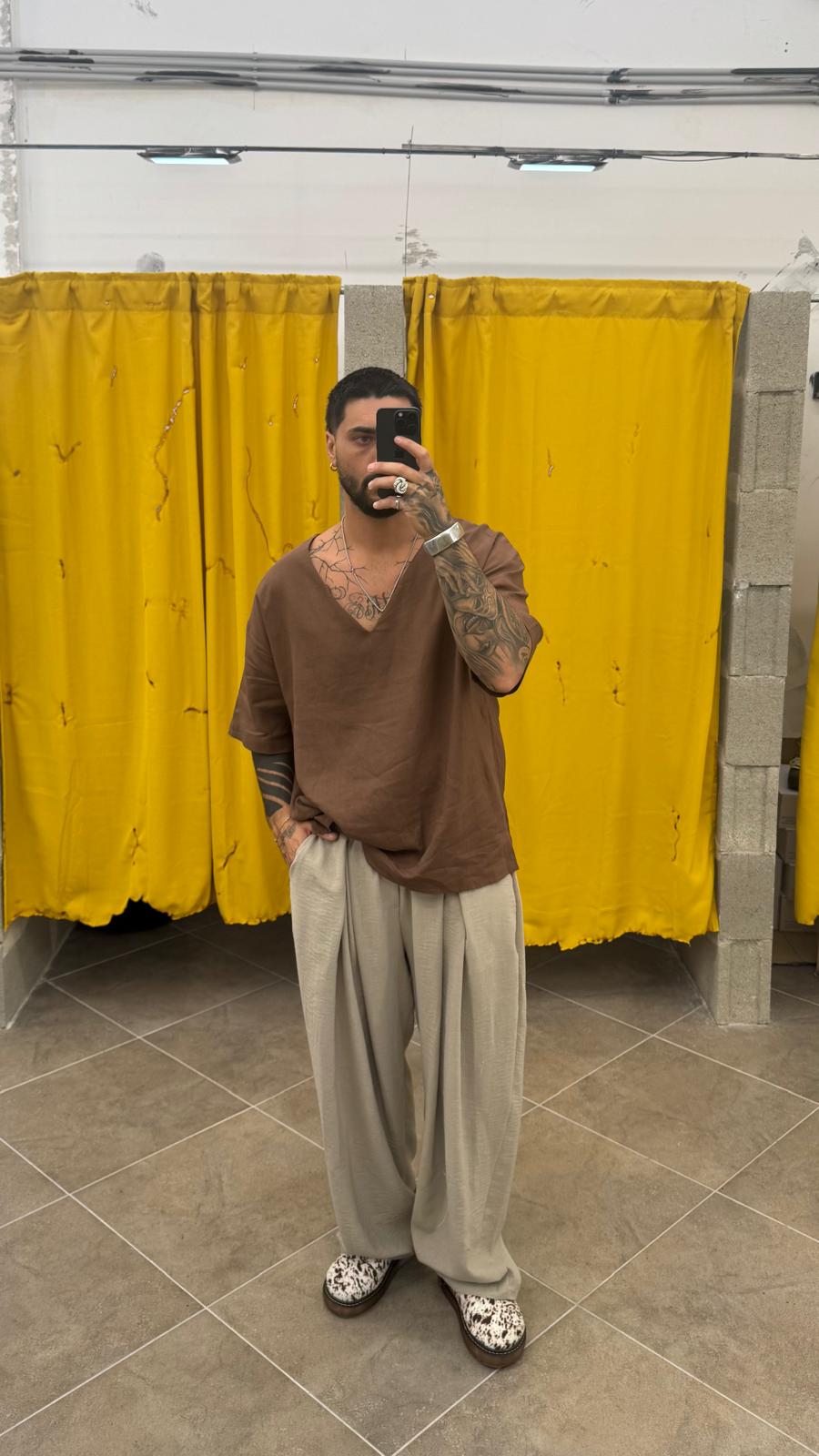 PANTALONE IN LINO BIEGE DOPPIA PENCE