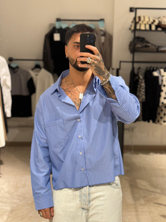 CAMICIA CROP BLU A RIGHE