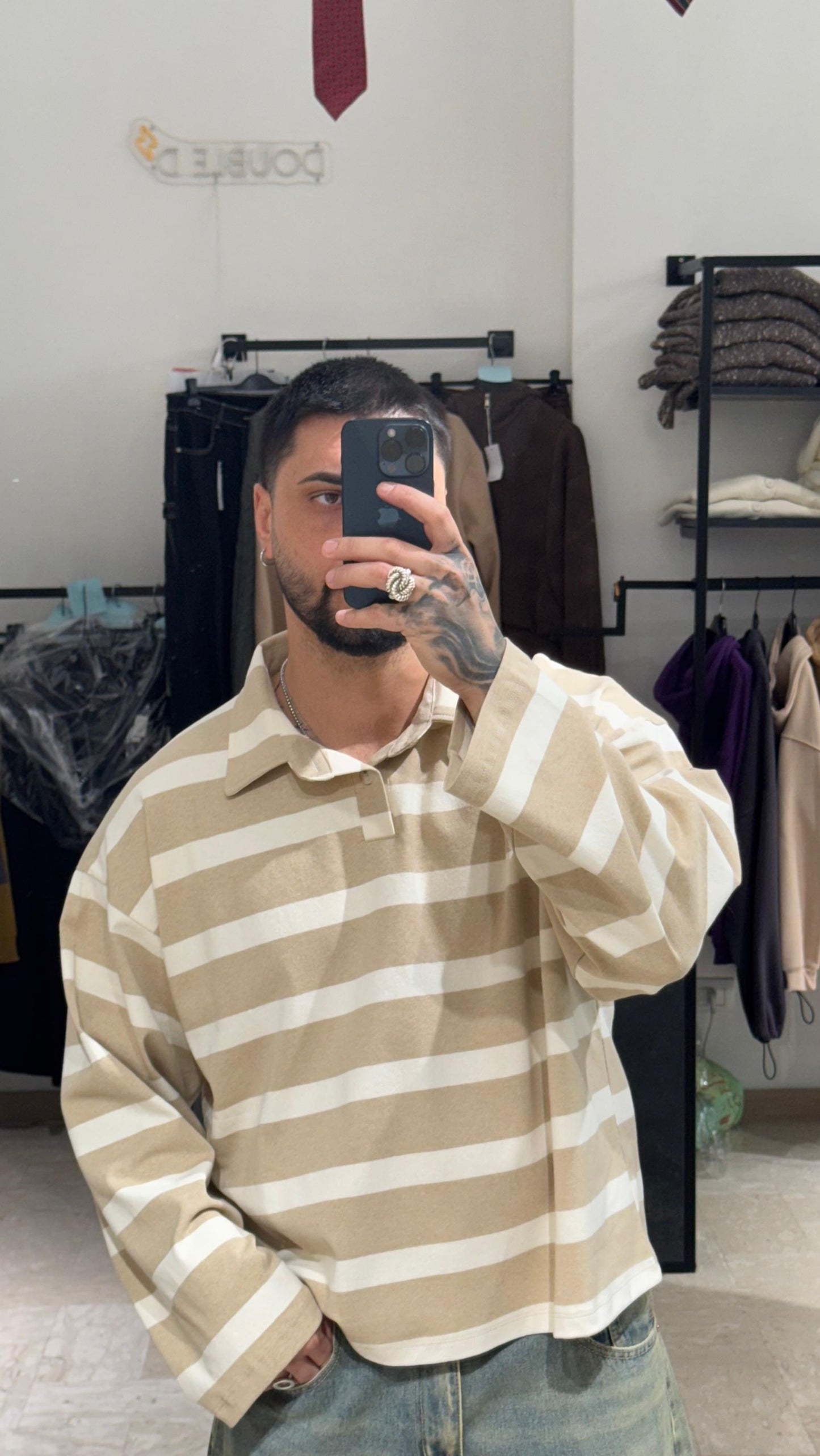 POLO A RIGHE BEIGE CROP/OVER