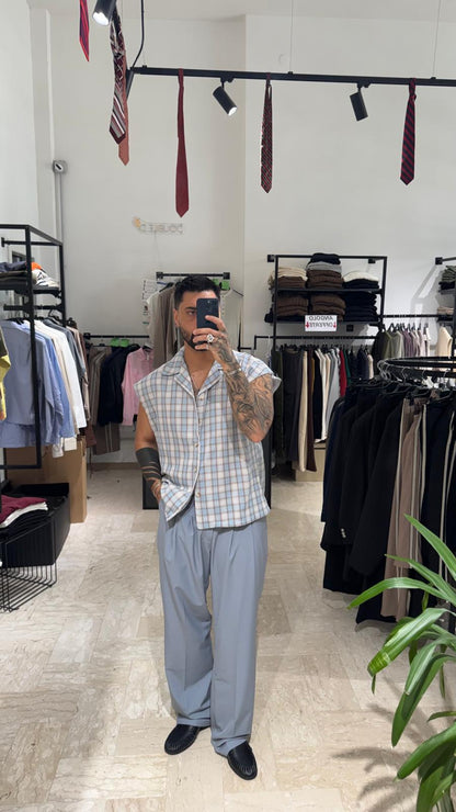 CAMICIA SMANICATA A QUADRI AZZURRA