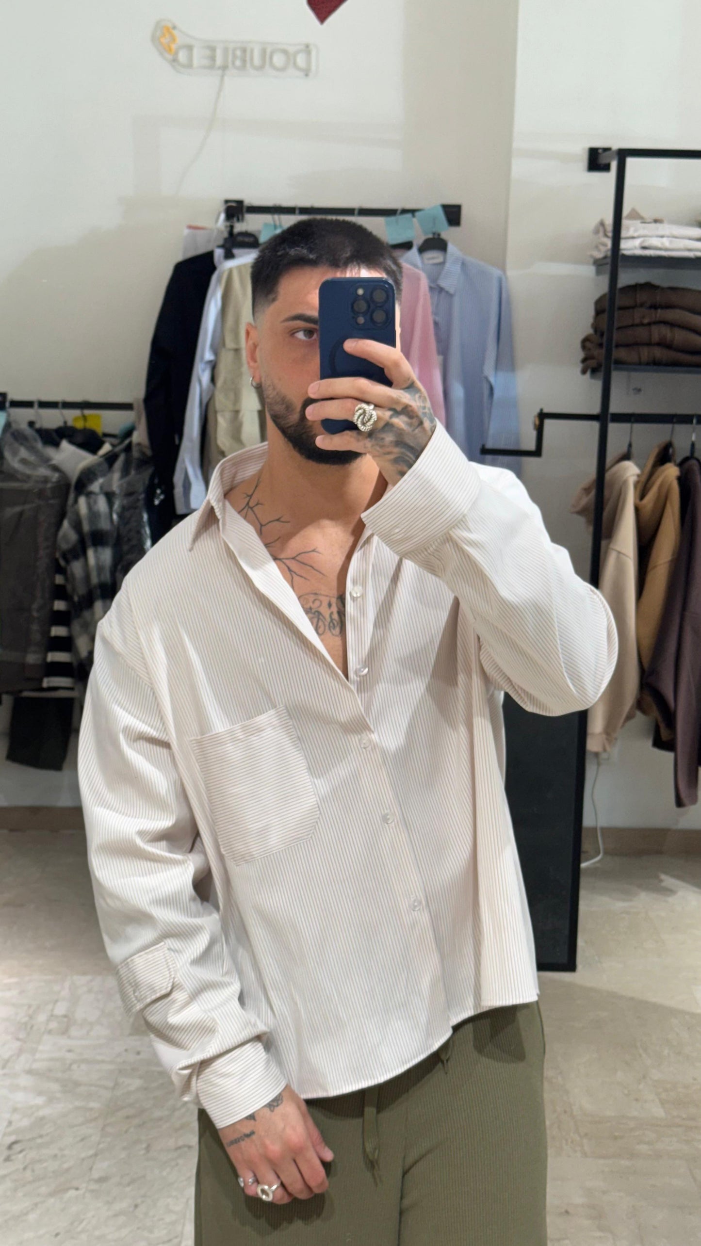 CAMICIA CARGO OVER A RIGHE BEIGE