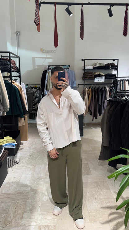 CAMICIA CARGO OVER A RIGHE BEIGE