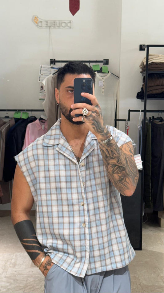 CAMICIA SMANICATA A QUADRI AZZURRA