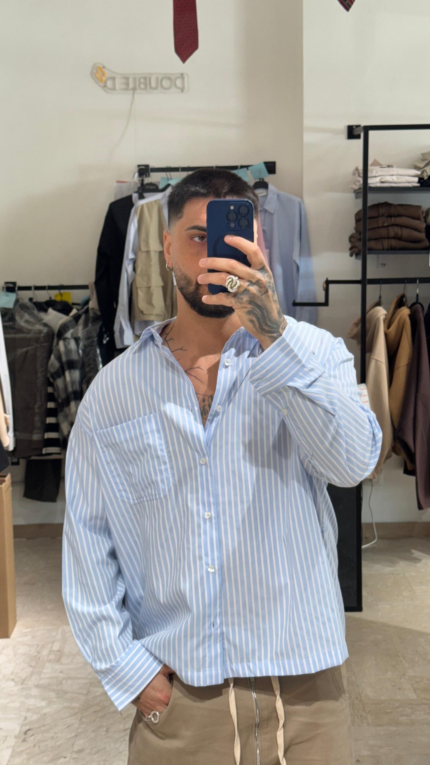 CAMICIA CROP RIGHE AZZURRE