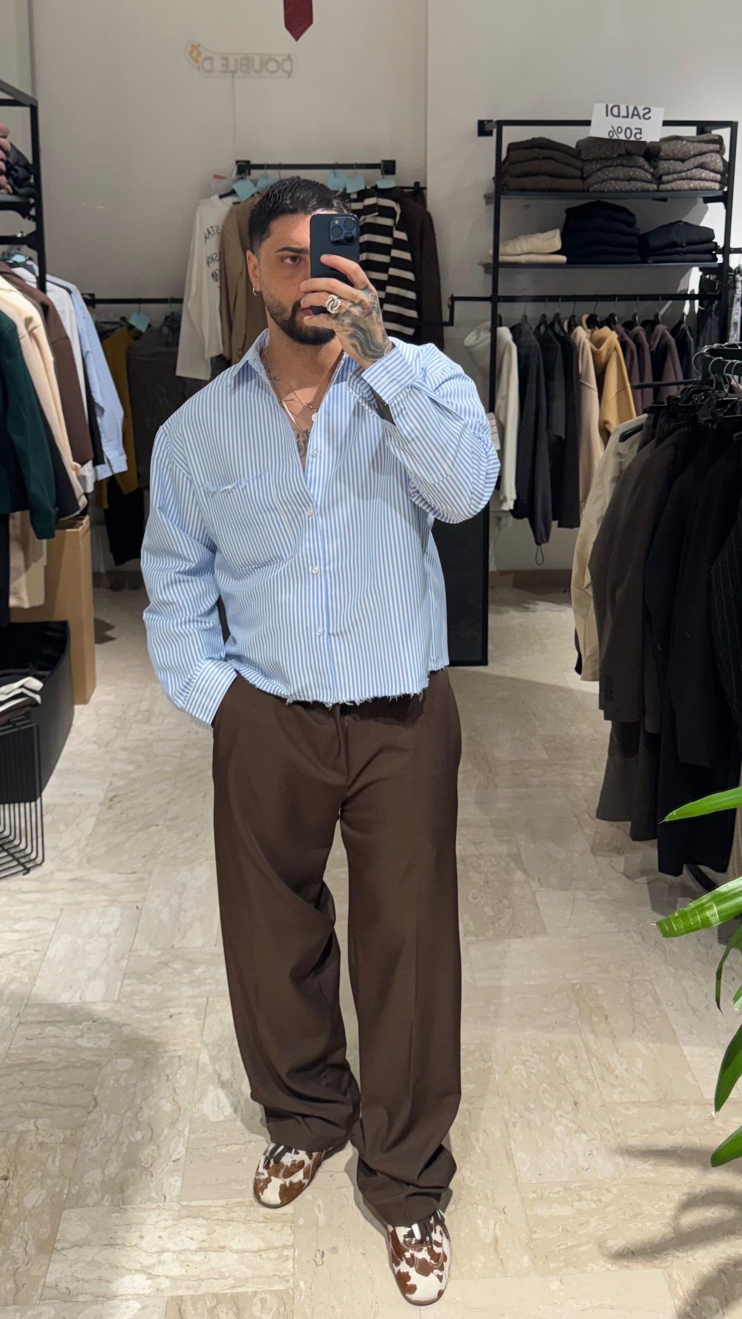 CAMICIA RIGHE AZZURRA CROP/OVER